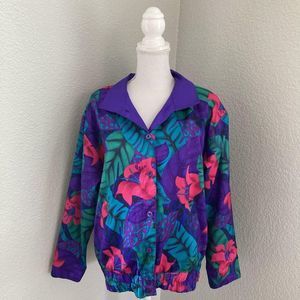 Joan Walter Vintage Purple Floral Reversible Button Up Polyester Jacket Size S